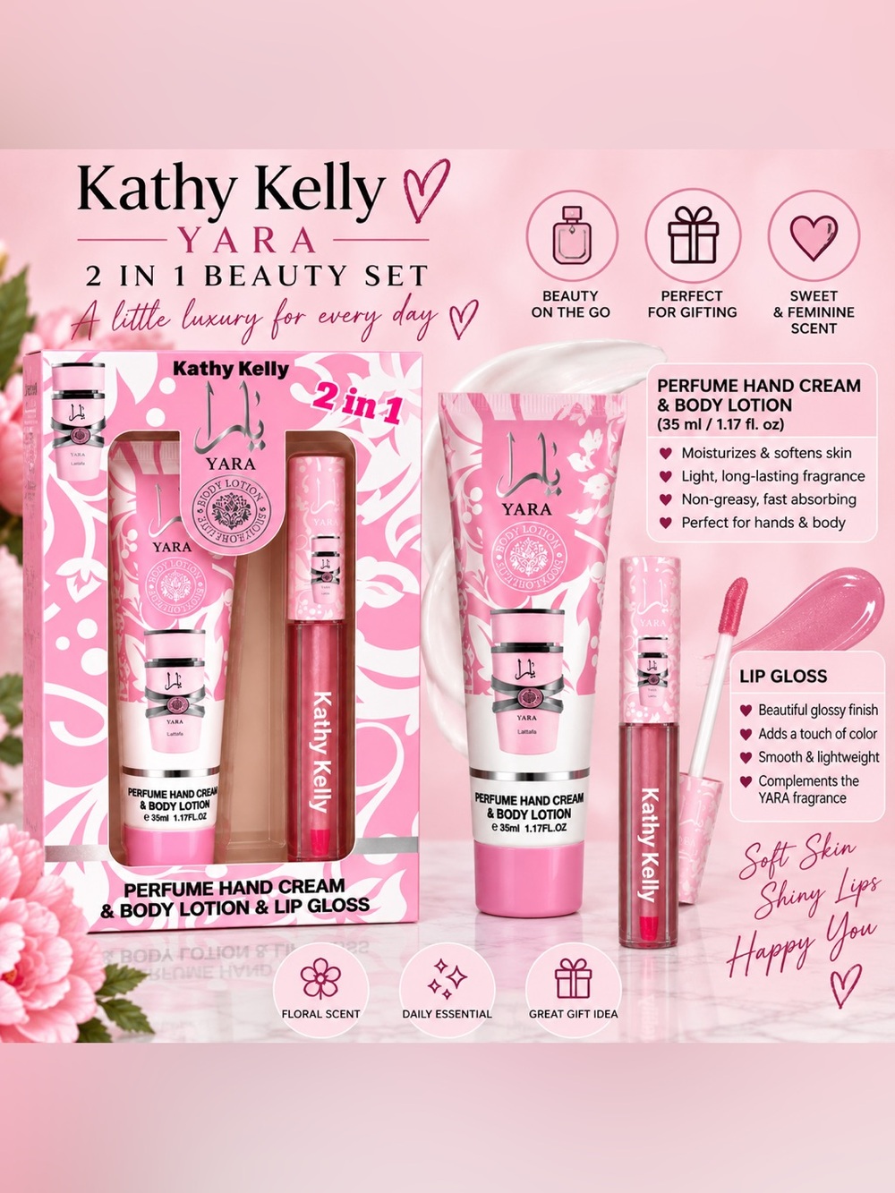 YARA & Kathy Kelly 2-in-1 Pink Hand Cream/Body Lotion & Lip Gloss Set